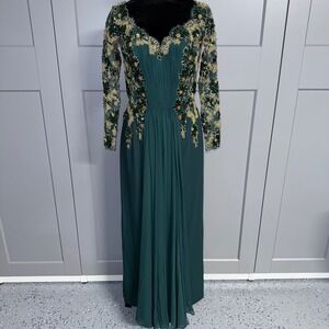 Chris Kole Emerald Green Sequin Gold Lace Evening Gown 90's Prom Maxi Dress VTG